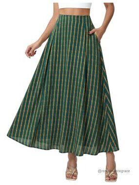 Polyester High Waisted A-Line Maxi Skirt with Pockets Flowy Long Skirt